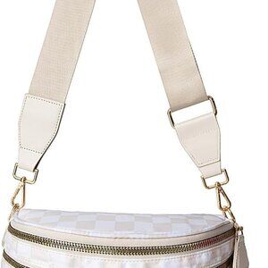 Spacious Checkered Nylon Crossbody Bag for Women with Adjustable Straps in Beige